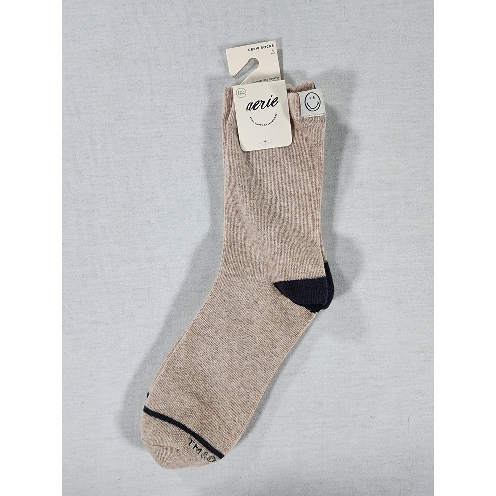 Aerie Crew Socks Women OS Smiley Face Tag Tan Beige Cotton Blend Ribbed NEW